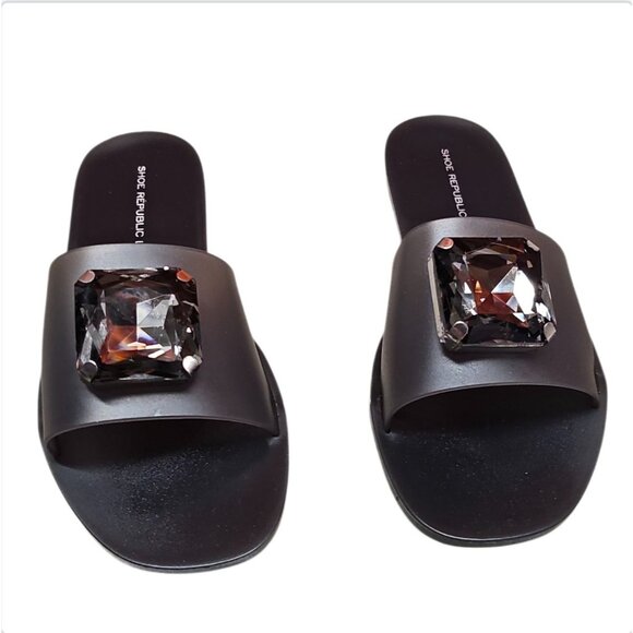 Shoes - Black Slides With Oversized Gemstone Embellishment
